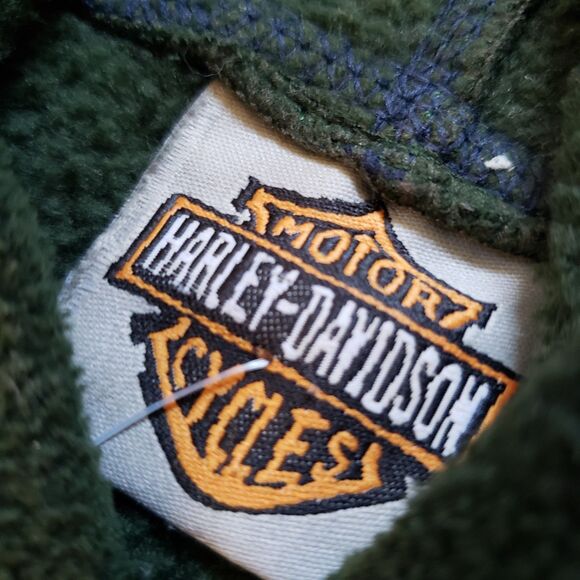 Vintage Y2K Harley Davidson Size S-M Mens Green Embroidered Fleece Hoodie Biker - Picture 3 of 6